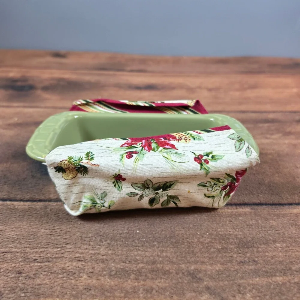 Longaberger Small Loaf Dish Pottery Sage Green Excellent Holiday Fabric Cover